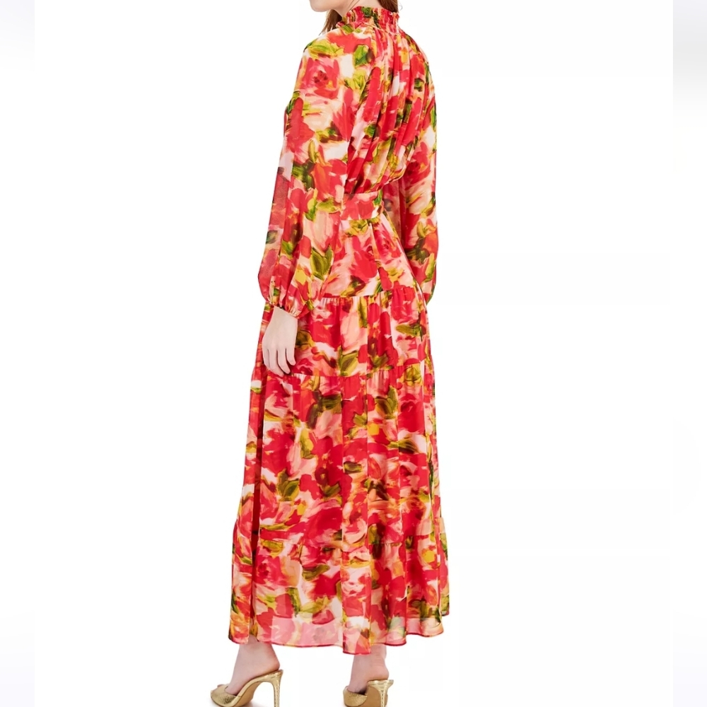 New Taylor Floral Chiffon Smocked Neck Sheer Ling Sleeve Belted Maxi Dress - Picture 3 of 15